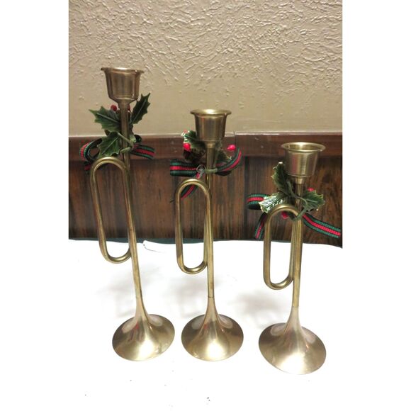 Vintage Christmas Trumpet Brass Candle Holders Bugle Horn  Taper Set of 3 - Picture 3 of 3